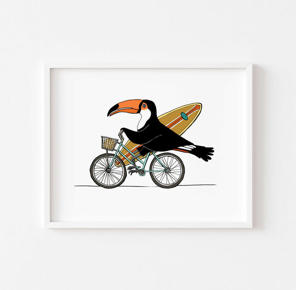 Toucan Surfer on a Bicycle Print