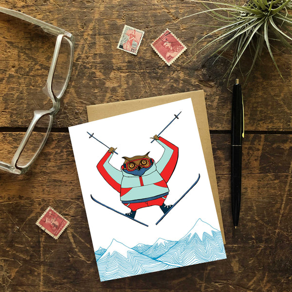 Owl Skiing Winter Card — Single Card