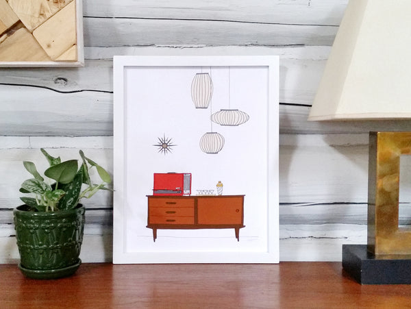 Mid-century Modern Scene with Record Player Print