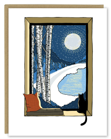 Snowy Night with Birch Trees and Cat Card — Single Card