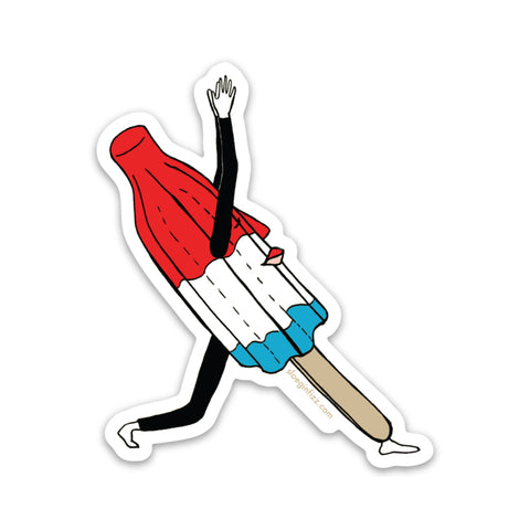 A sticker with a hand-drawn ink illustration of a Bomb Pop popsicle with arms, legs and a face, leaning back into a warrior yoga pose. 