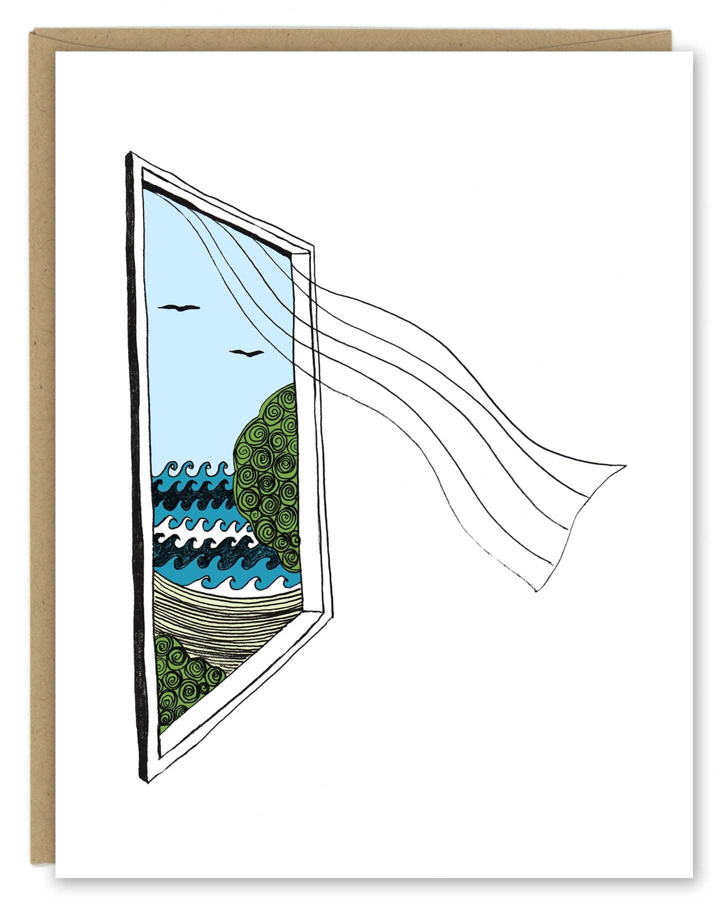 A greeting card showing a hand-drawn illustration of a window looking out on ocean waves, a beach and seagulls, a sheer curtain blows in from the window. Shown with a Kraft paper envelope on  a white background. 