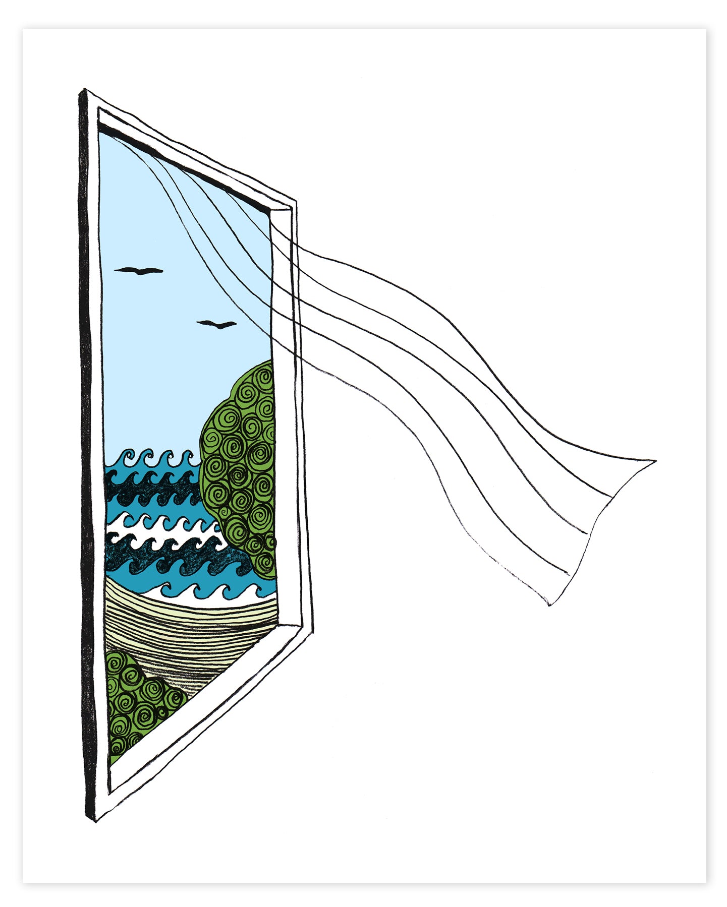 A print of a hand-drawn illustration of a window looking out on ocean waves, a beach and seagulls, a sheer curtain blows in from the window. Shown on a white background. 