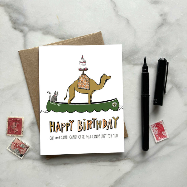 Cat and Camel in a Canoe with Cake Birthday Card