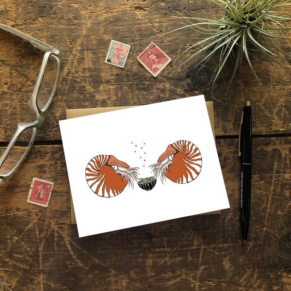 Two Nautiluses Nibbling Noodles in Love Greeting Card
