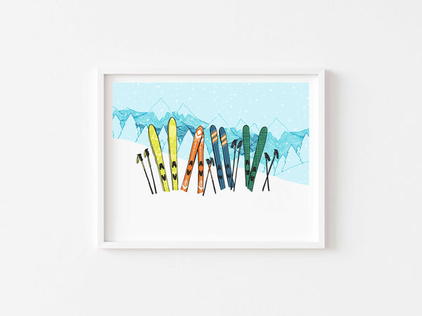Colorful Skis on the Mountain Print