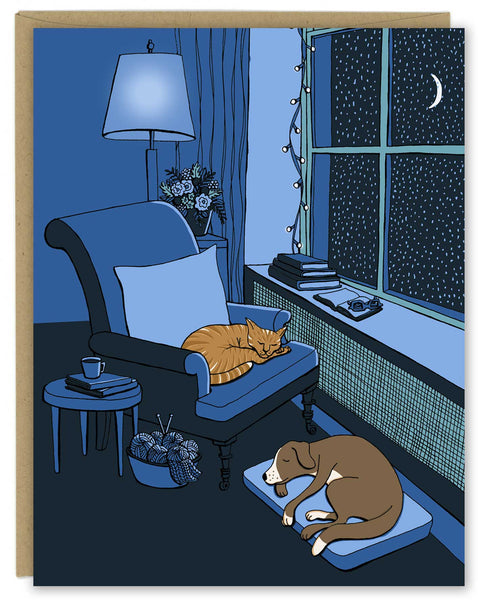 New! Cat and Dog on a Blue Silent Night Holiday Card — Boxed Set of 8
