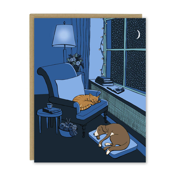 New! Cat and Dog on a Blue Silent Night Holiday Card — Boxed Set of 8