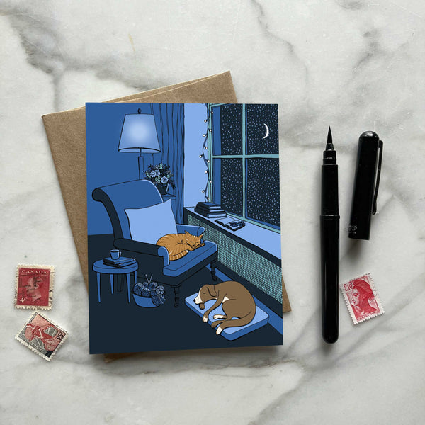 New! Cat and Dog on a Blue Silent Night Holiday Card — Boxed Set of 8