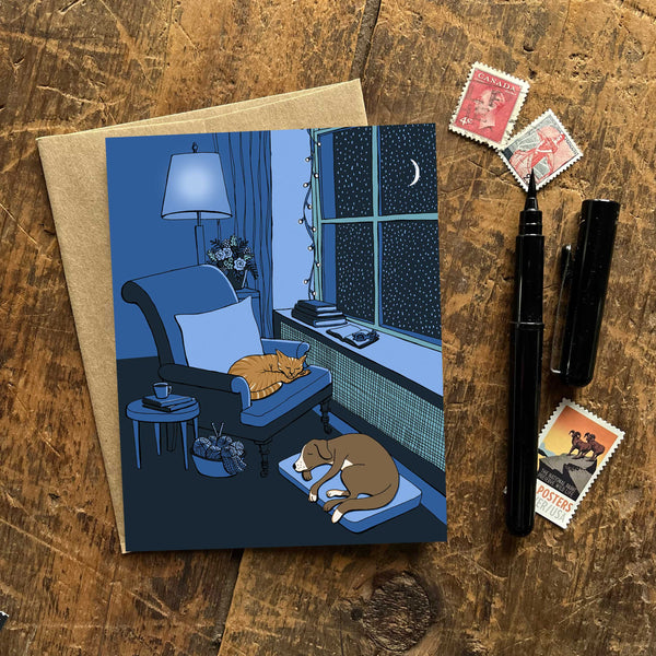 New! Cat and Dog on a Blue Silent Night Holiday Card — Boxed Set of 8