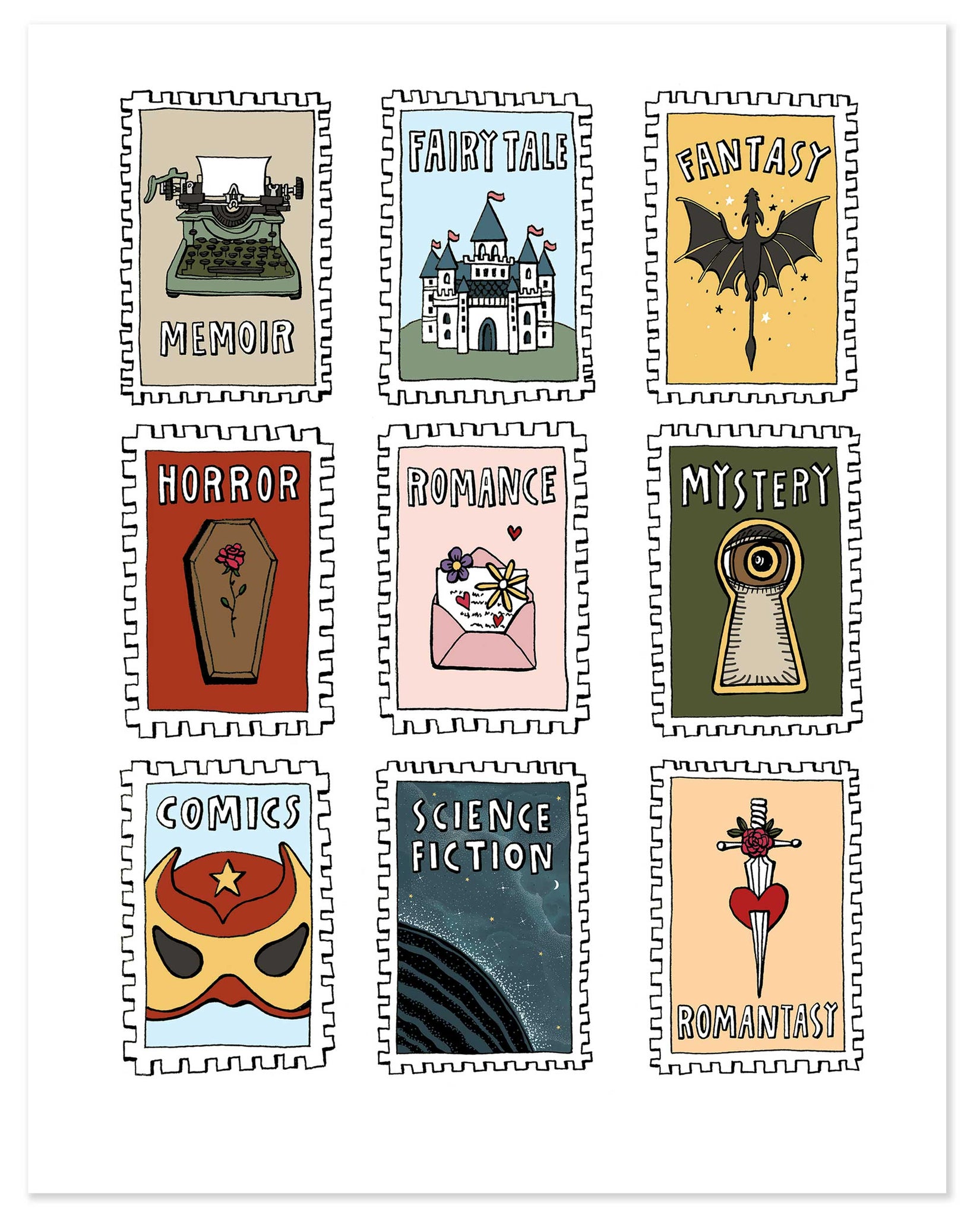 Book Genre Stamps Print