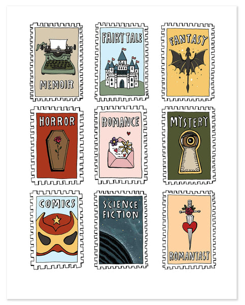 Book Genre Stamps Print