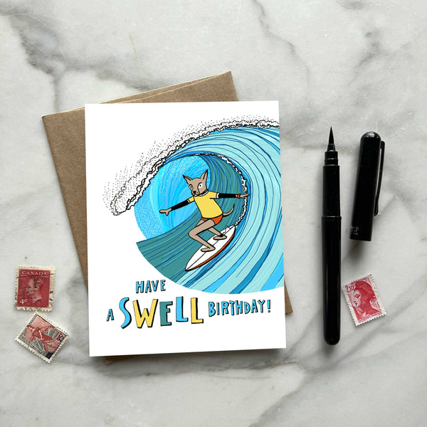Dog Surfing Swell Birthday Greeting Card