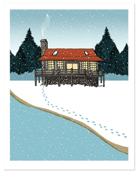 Log Cabin in Winter Print