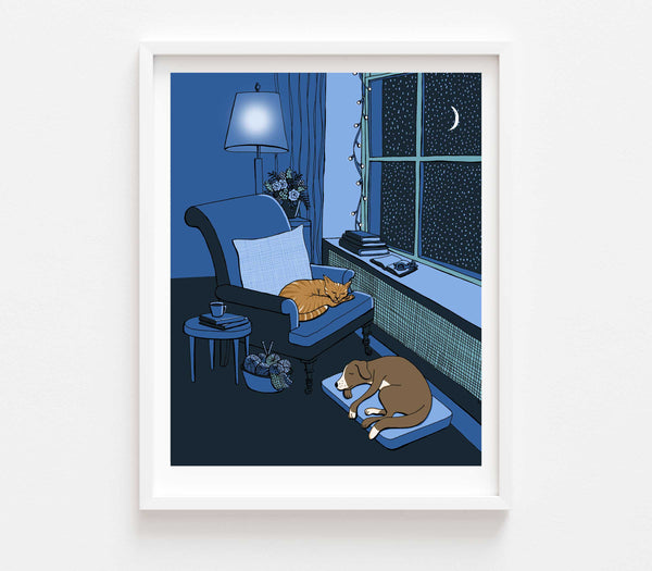 Silent Night in Blues with Dog and Cat Print