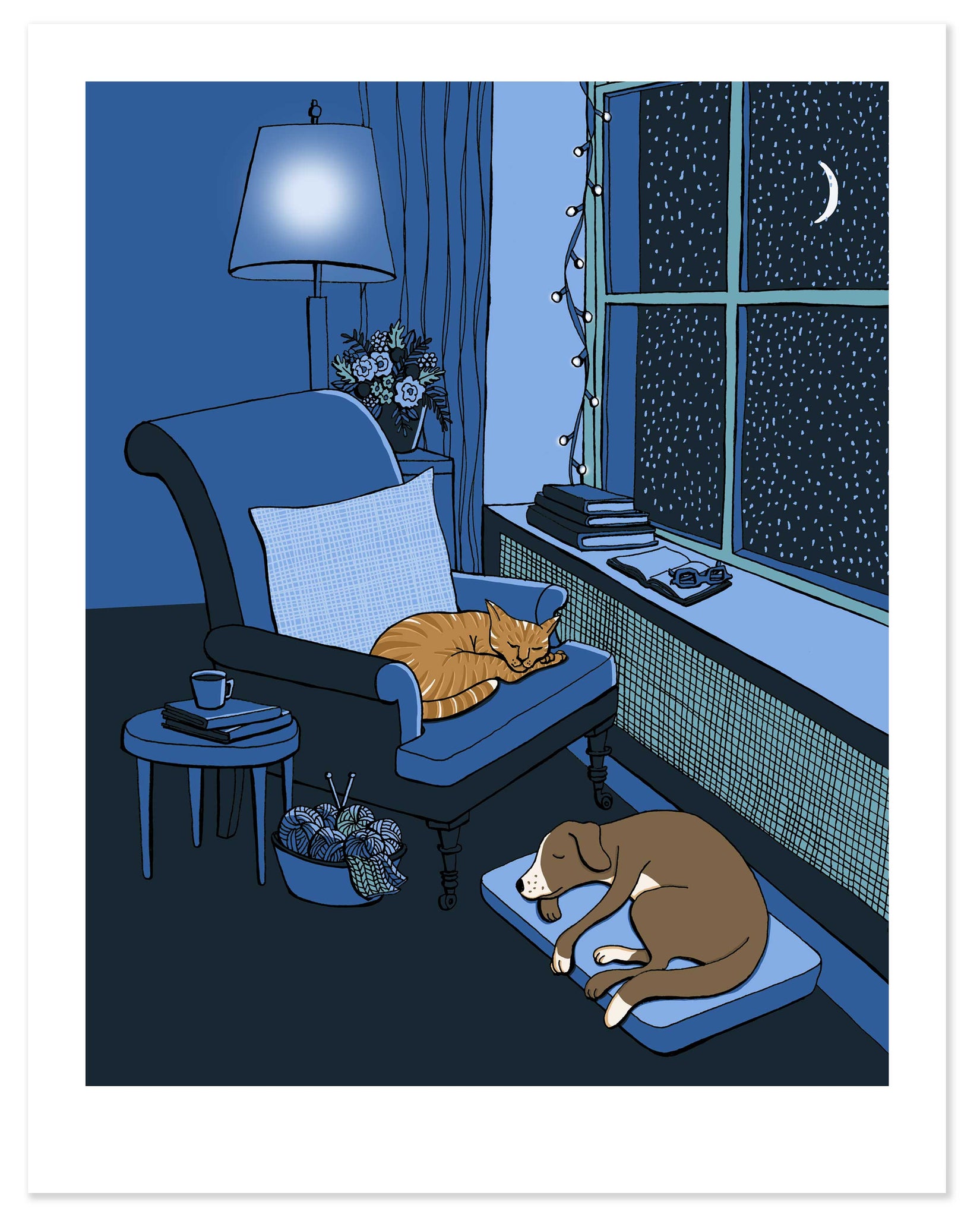 Silent Night in Blues with Dog and Cat Print