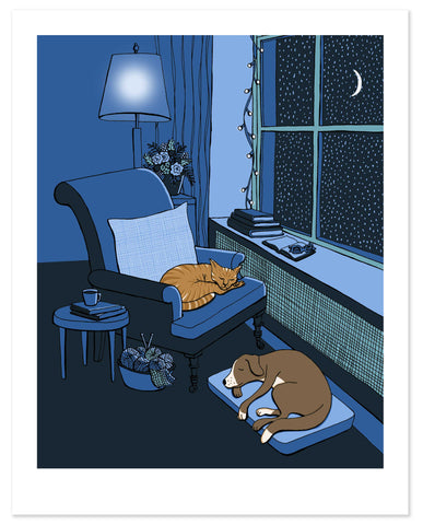 Silent Night in Blues with Dog and Cat Print