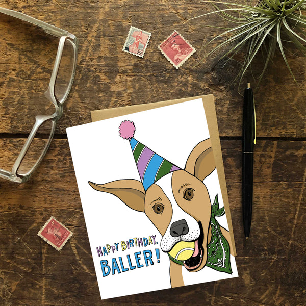 Baller Birthday with Happy Dog Greeting Card