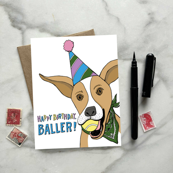 Baller Birthday with Happy Dog Greeting Card