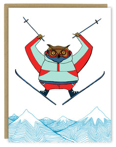 New! Owl Skiing Winter Holiday Card — Boxed Set of Ten