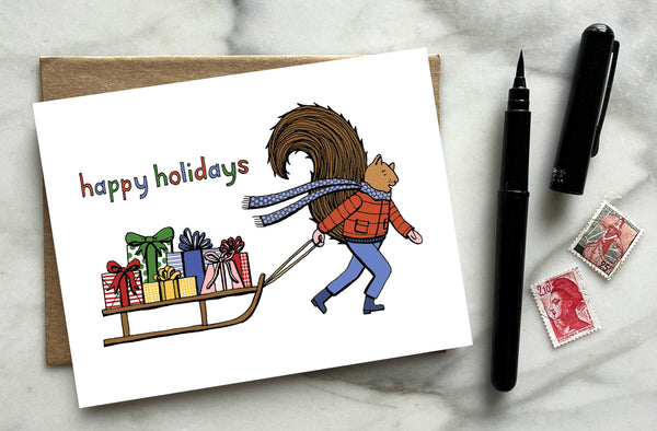 New! Squirrel with a Sled Holiday Greeting Card