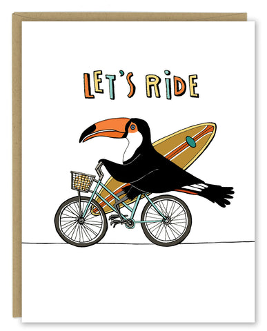 Toucan on a Bicycle with a Surfboard Greeting Card