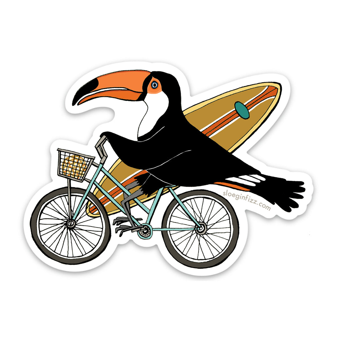 Toucan Surfer on a Bicycle Vinyl Sticker