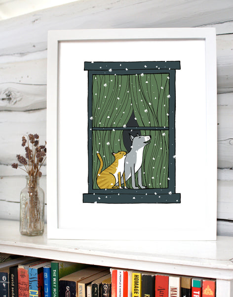 Snowy Night of Wonder with Cat and Dog Print