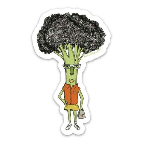 A sticker with a hand-drawn ink illustration of a broccoli woman with one hand on her hip, wearing glasses, an orange shirt, yellow skirt and white sneakers, carrying a purse, on a white background.