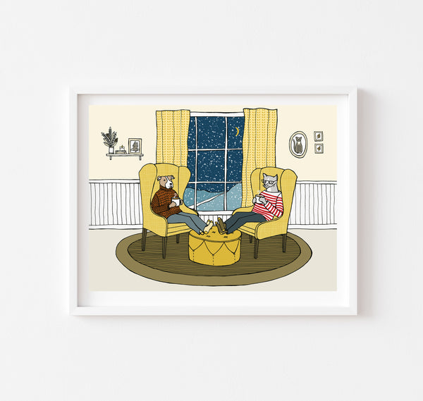Dog and Cat Share a Quiet Moment on a Cold Snowy Eve Print