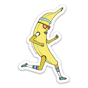 A vinyl sticker with a hand-drawn illustration of a running banana wearing glasses, sweatbands, knee socks and running shoes.