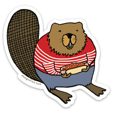 A sticker with a hand-drawn illustration of a fat beaver in a striped red and white sweater holding a hot dog with chili and onions.