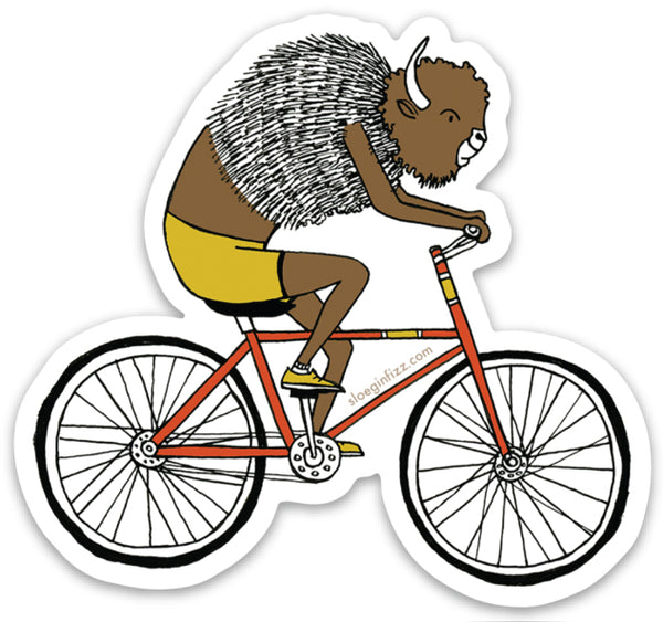 A sticker with a hand-drawn illustration of a bison riding a red bicycle wearing yellow cycling shorts and yellow sneakers.