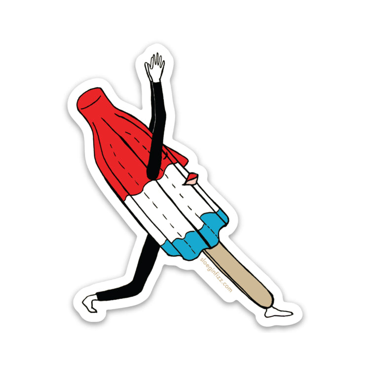 A sticker with a hand-drawn ink illustration of a Bomb Pop popsicle with arms, legs and a face, leaning back into a warrior yoga pose. 