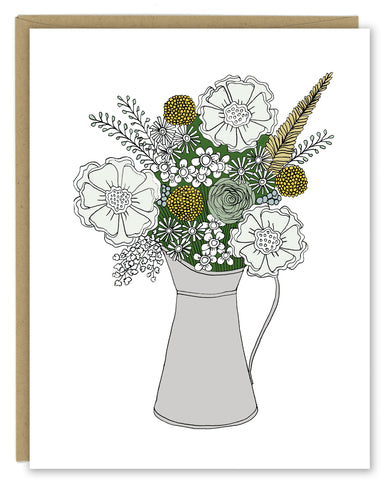A greeting card showing a hand-drawn illustration of a bouquet of flowers in greys, greens and golds in a silver metal pitcher. Shown with a Kraft paper envelope on  a white background. 