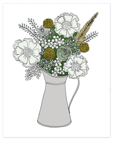 A print of a hand-drawn illustration of a bouquet of flowers in greys, greens and golds in a silver metal pitcher on a white background.