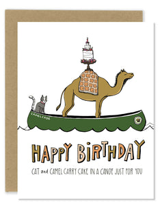 Cat and Camel in a Canoe with Cake Birthday Card
