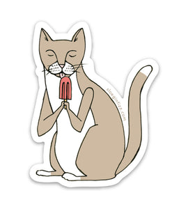 A sticker of a drawing of a tan and white cat licking a pink popsicle wit its eyes closed. Shown on a white background 