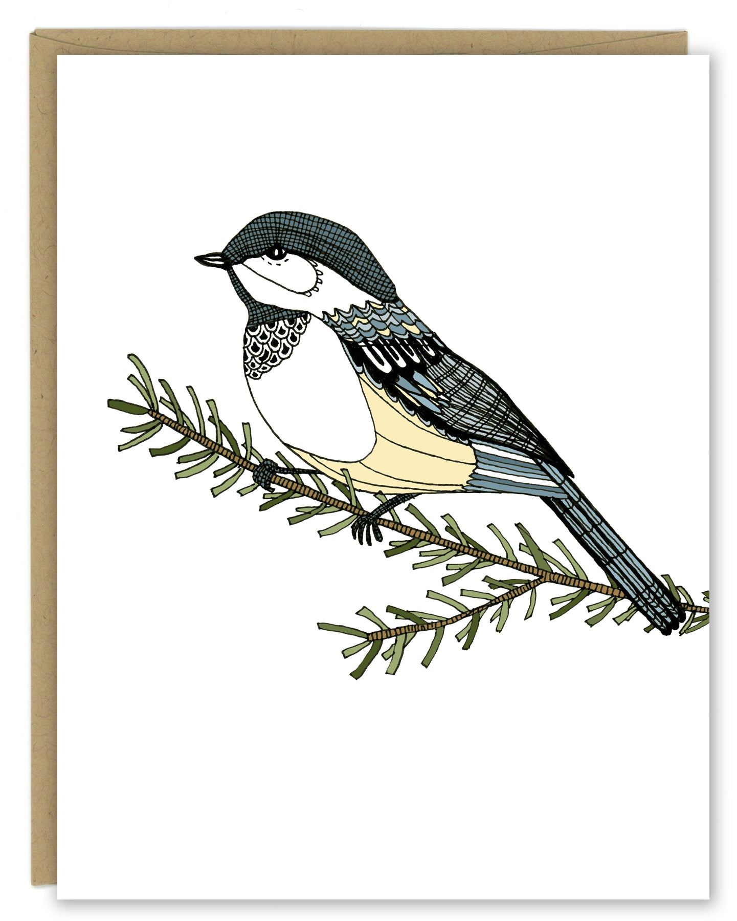 A greeting card with a hand-drawn ink illustration of a chickadee resting on a branch. Shown with a Kraft paper envelope on a white background. 