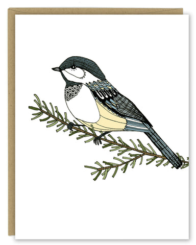 A greeting card with a hand-drawn ink illustration of a chickadee resting on a branch. Shown with a Kraft paper envelope on a white background. 