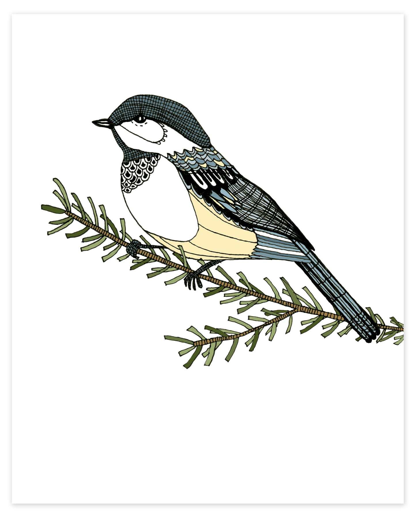 A print of a hand-drawn ink illustration of a chickadee resting on a branch. Shown on a white background. 