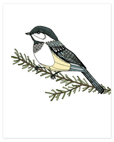 A print of a hand-drawn ink illustration of a chickadee resting on a branch. Shown on a white background. 