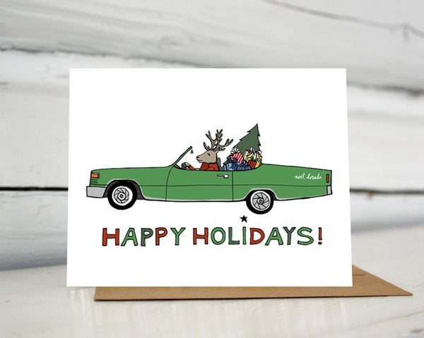 Noel Dorado: Reindeer Drives a Convertible Holiday Card — Single Card