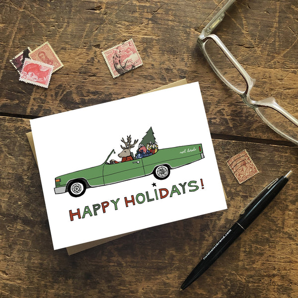 Noel Dorado: Reindeer Drives a Convertible Holiday Card — Single Card