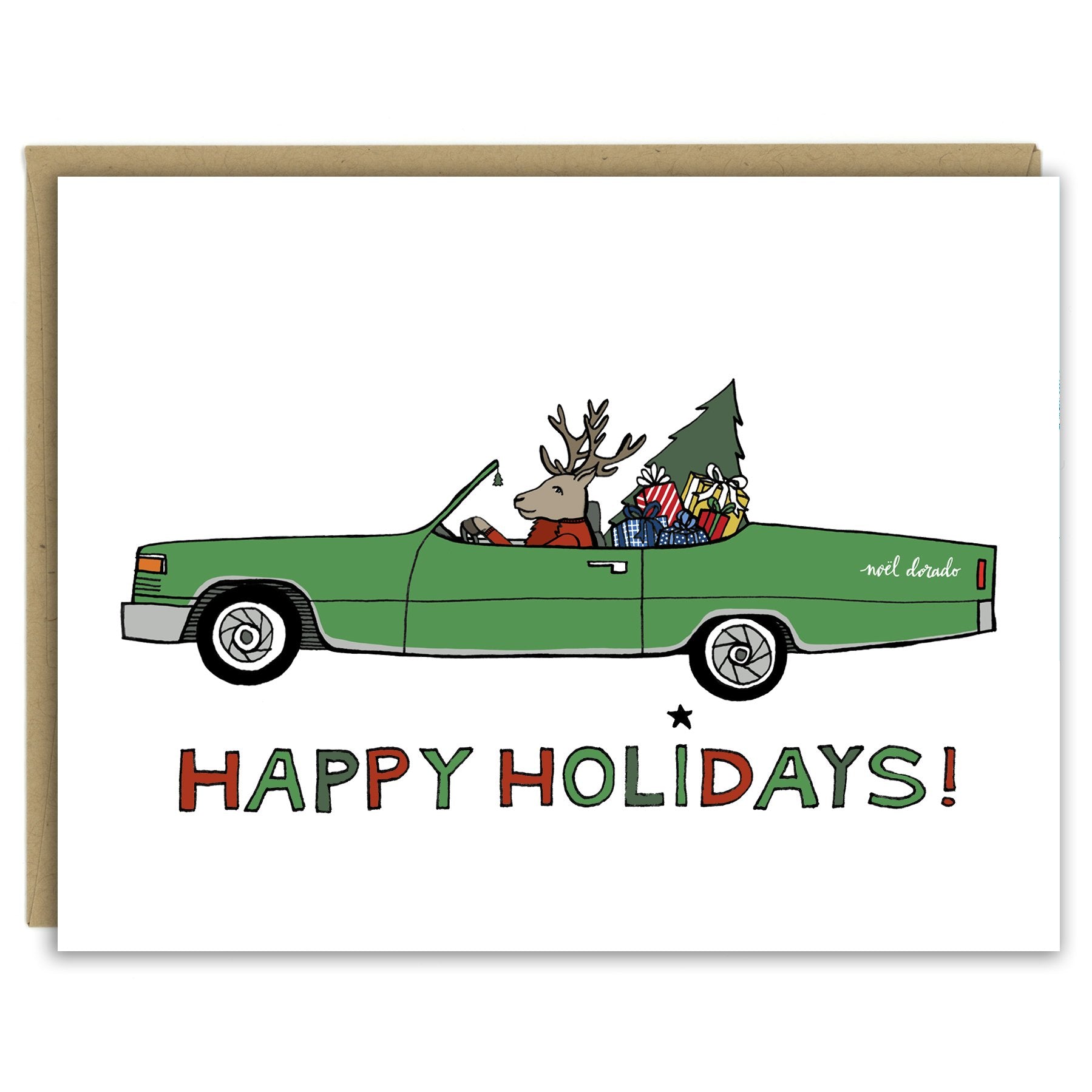 Noel Dorado: Reindeer Drives a Convertible Holiday Card — Single Card