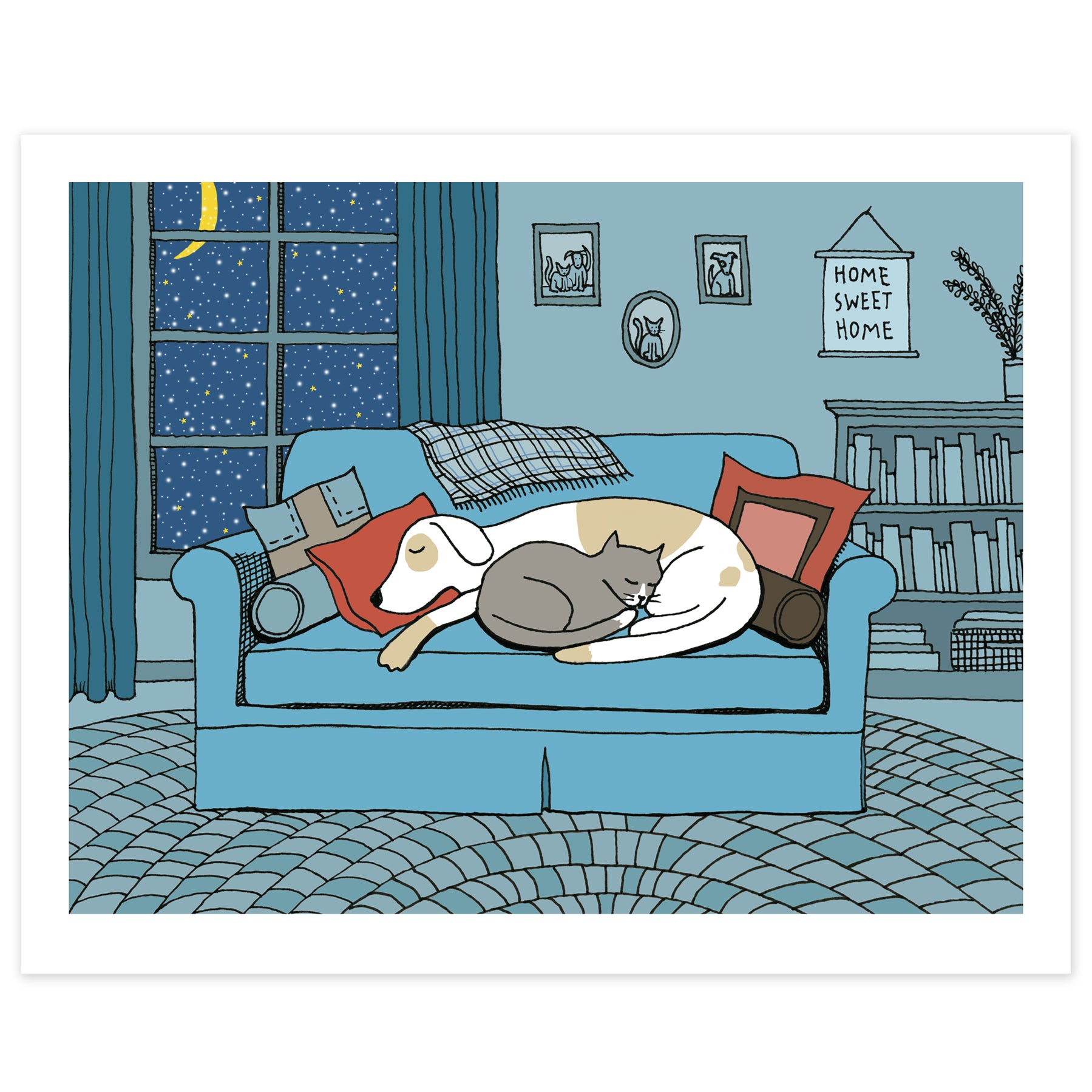 Dog and Cat Snuggle on a Winter's Eve Print