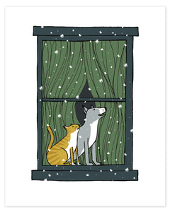 Snowy Night of Wonder with Cat and Dog Print