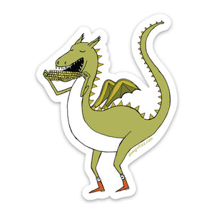 A sticker with a hand-drawn green dragon eating corn on the cob and wearing little red boots. On a white background. 
