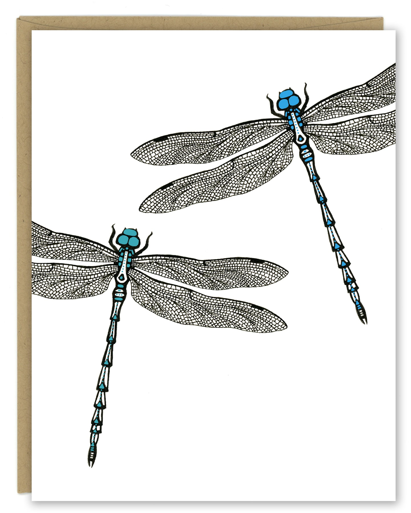 A greeting card showing a hand-drawn ink illustration of two dragonflies, one with blue highlights and one with teal accents. Shown with a Kraft paper envelope on a white background. 
