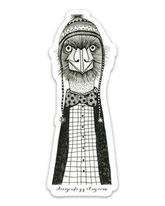 A black and white hand-drawn ink illustration of an emu or ostrich wearing a ski hat with tassels, a polka-dotted bowtie, plaid shirt and cardigan.